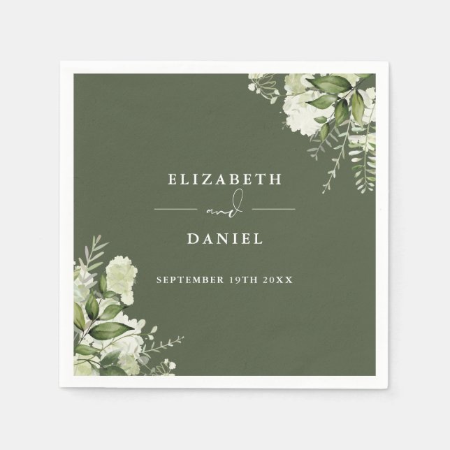 Greenery Floral Elegant Olive Green Wedding Napkins (Front)