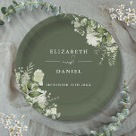 Greenery Floral Elegant Olive Green Wedding Paper Plates<br><div class="desc">Elegant floral greenery olive green wedding paper plate personalized with your names and special wedding date. Designed by Thisisnotme©</div>