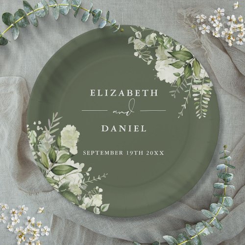 Greenery Floral Elegant Olive Green Wedding Paper Plates