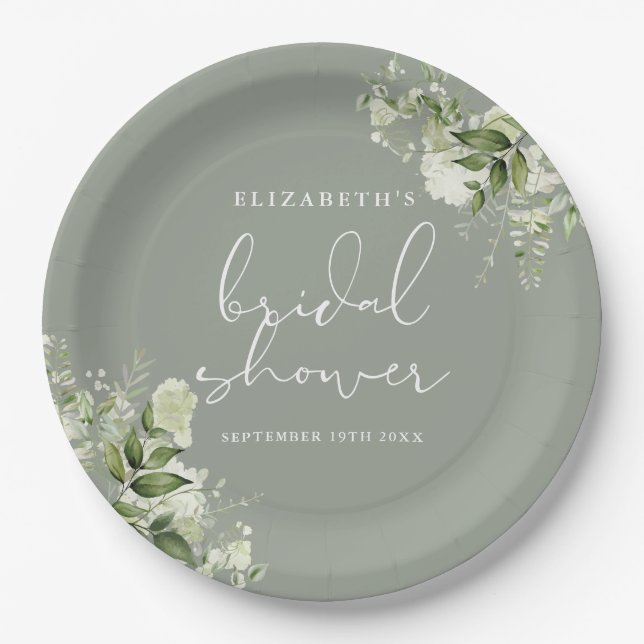 Greenery Floral Elegant Sage Green Bridal Shower Paper Plates (Front)
