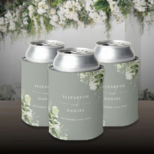 Greenery Floral Elegant Sage Green Wedding Can Cooler