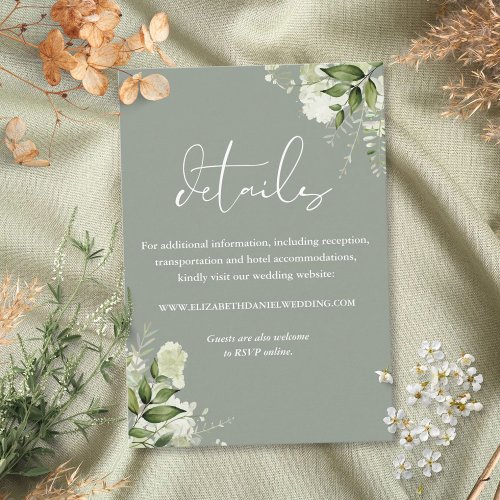 Greenery Floral Elegant Sage Green Wedding Details Enclosure Card