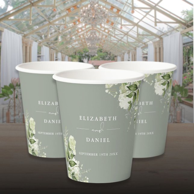 Greenery Floral Elegant Sage Green Wedding Paper Cups (Greenery Floral Elegant Sage Green Wedding Paper Cups)