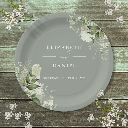 Greenery Floral Elegant Sage Green Wedding Paper Plates