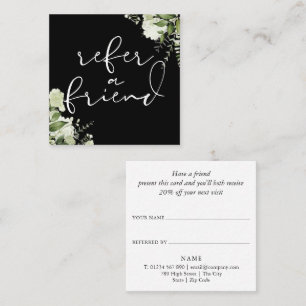 Greenery Floral Elegant Script Black And White Referral Card