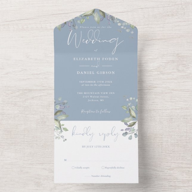 Greenery Floral Elegant Script Dusty Blue Wedding All In One Invitation (Inside)
