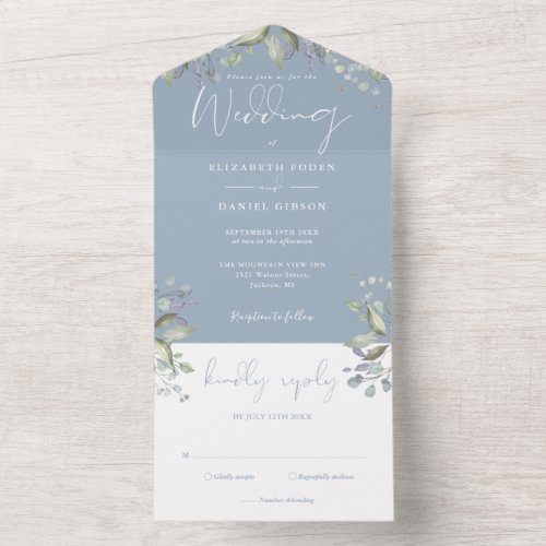 Greenery Floral Elegant Script Dusty Blue Wedding All In One Invitation
