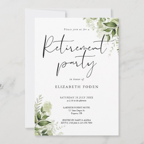 Greenery Floral Elegant Script Retirement Party Invitation