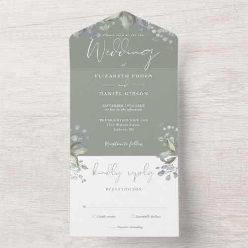 Greenery Floral Elegant Script Sage Green Wedding All In One Invitation