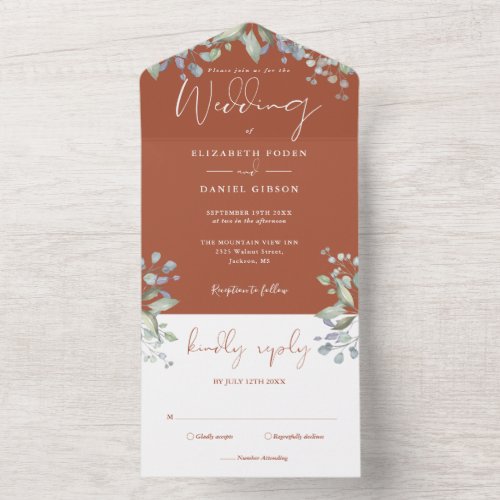 Greenery Floral Elegant Script Terracotta Wedding All In One Invitation