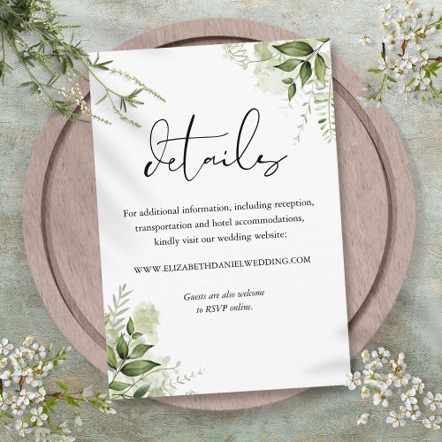 Greenery Floral Elegant Script Wedding Details Enclosure Card
