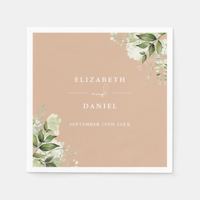 Greenery Floral Elegant Tan Wedding Napkins (Front)