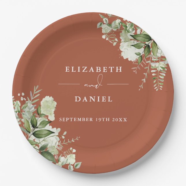 Greenery Floral Elegant Terracotta Wedding Paper Plates (Front)