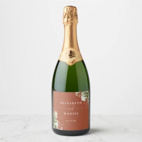 Greenery Floral Elegant Terracotta Wedding Sparkling Wine Label