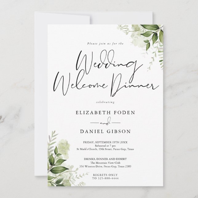 Greenery Floral Elegant Wedding Welcome Dinner Invitation (Front)