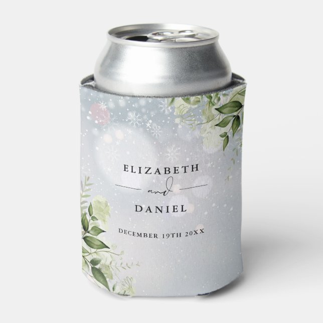 Greenery Floral Elegant Winter Wedding Can Cooler (Can Front)
