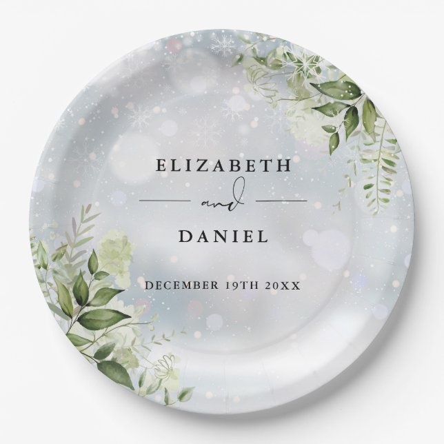 Greenery Floral Elegant Winter Wedding Paper Plates (Front)