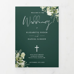 Greenery Floral Emerald Catholic Wedding Mass Tri-Fold Program
