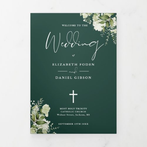 Greenery Floral Emerald Catholic Wedding Mass Tri-Fold Program