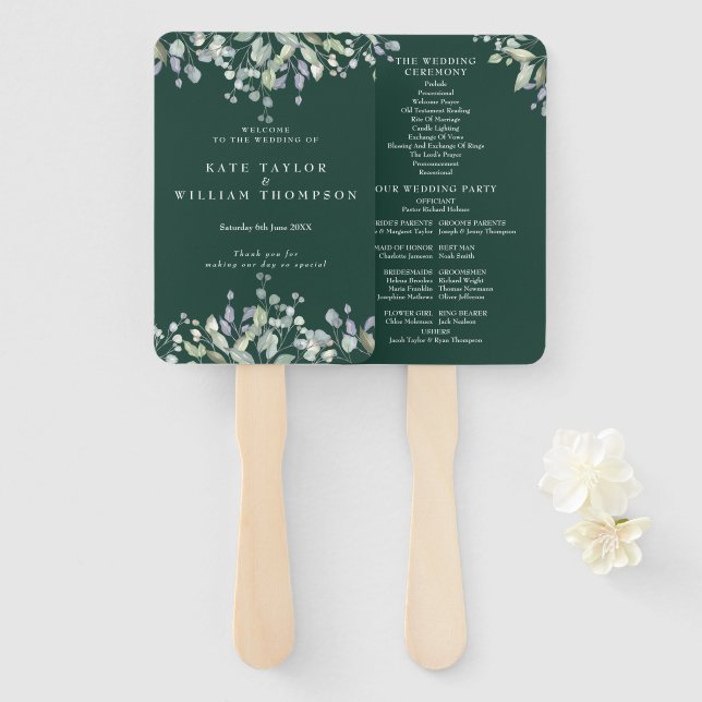 Greenery Floral Emerald Green Wedding Program Hand Fan (Front and Back)