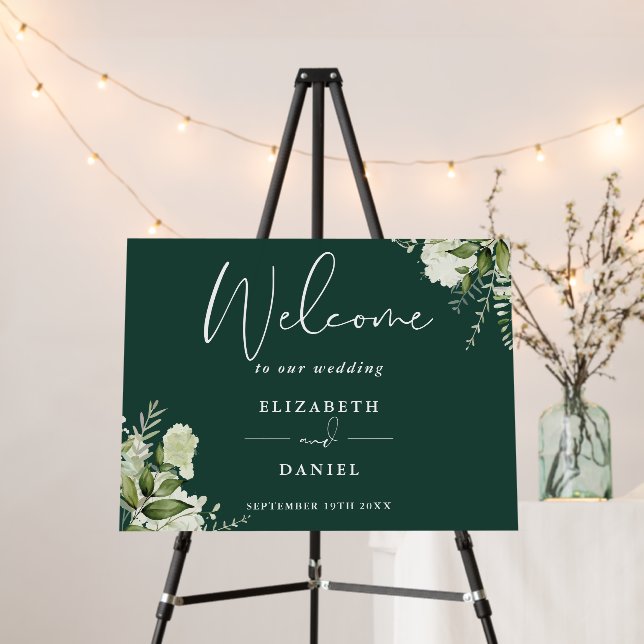 Greenery Floral Emerald Green Wedding Welcome Sign (In Situ (Stand))