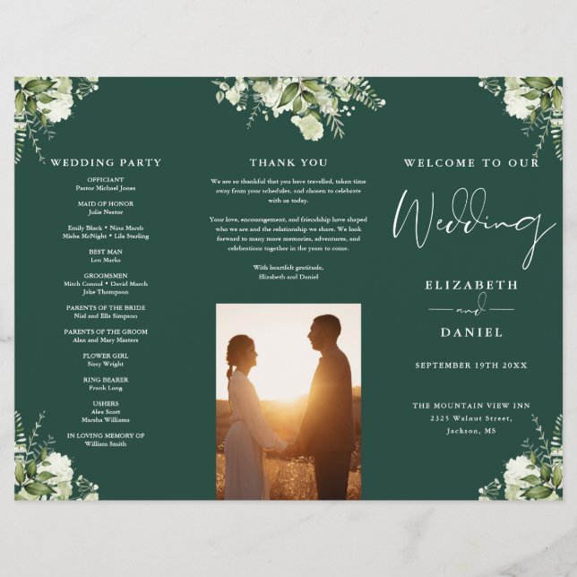 Greenery Floral Emerald Trifold Wedding Program Flyer (Front)