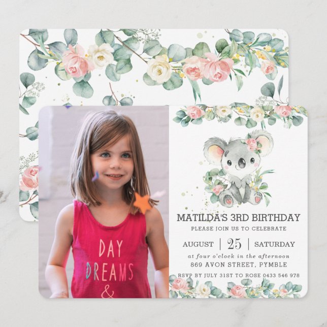 Greenery Floral Eucalyptus Koala Birthday Photo Invitation (Front/Back)