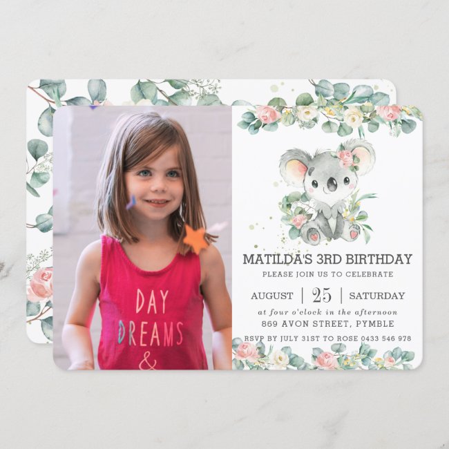 Greenery Floral Eucalyptus Koala Birthday Photo Invitation