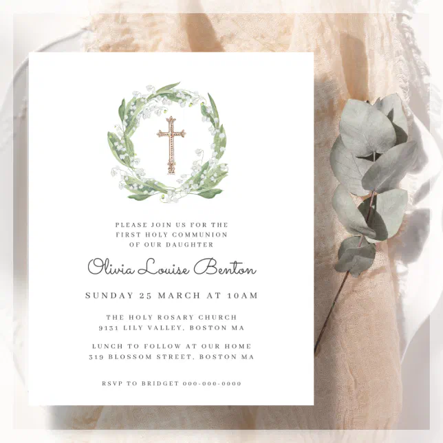 Greenery Floral First Communion Budget Invitation | Zazzle