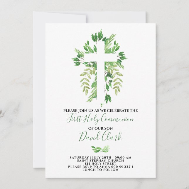 Greenery Floral First Holy Communion Invitation (Front)