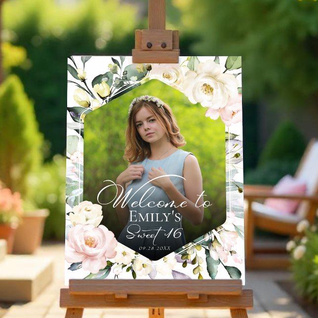 Greenery Floral Frame Photo Sweet 16 Welcome Sign (Creator Uploaded)