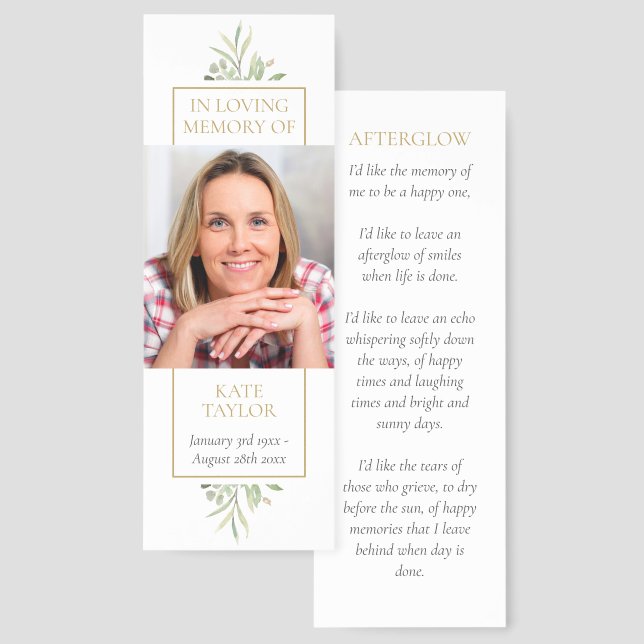 Greenery Floral Funeral Memorial Poem Photo Bookmarks (Front & Back)