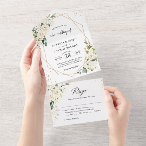 Greenery Floral Geometric (No ENV needed) Wedding All In One Invitation - These "Greenery Floral Gold Geometric Wedding All in One Invitations" are designed with an easy to tear off perforated RSVP postcard. Just simply fold each card into the outlined shape, and then seal and send - no envelope needed for shipping. Greenery Floral Geometric (No ENV needed) Wedding All In One Invitation - These "Greenery Floral Gold Geometric Wedding All in One Invitations" are designed with an easy to tear off perforated RSVP postcard. Just simply fold each card into the outlined shape, and then seal and send - no envelope needed for shipping.