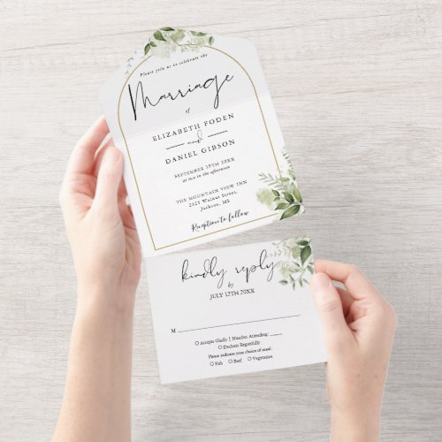 Greenery Floral Gold Arch Marriage Wedding  All In One Invitation