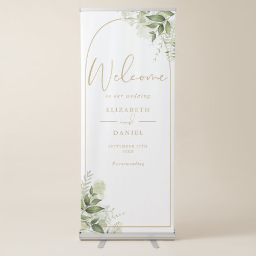 Greenery Floral Gold Arch Script Wedding Welcome Retractable Banner