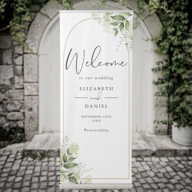 Greenery Floral Gold Arch Wedding Welcome Retractable Banner (Greenery Floral Gold Arch Wedding Welcome Retractable Banner)