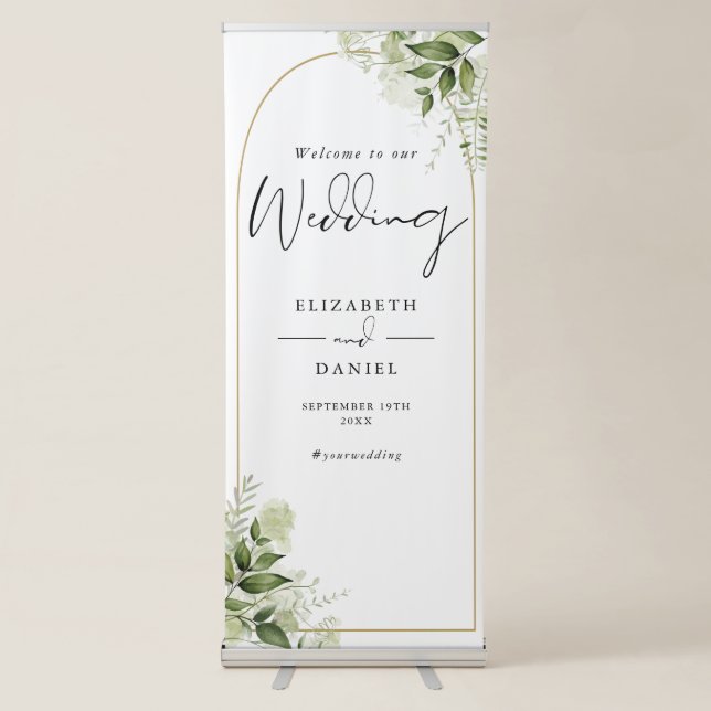 Greenery Floral Gold Arch Wedding Welcome Retractable Banner (Front)