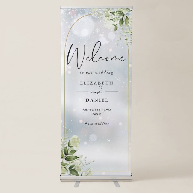 Greenery Floral Gold Arch Winter Wedding Welcome Retractable Banner (Front)