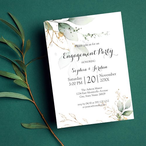 Greenery Floral Gold Foil Leaves Engagement Party Invitation