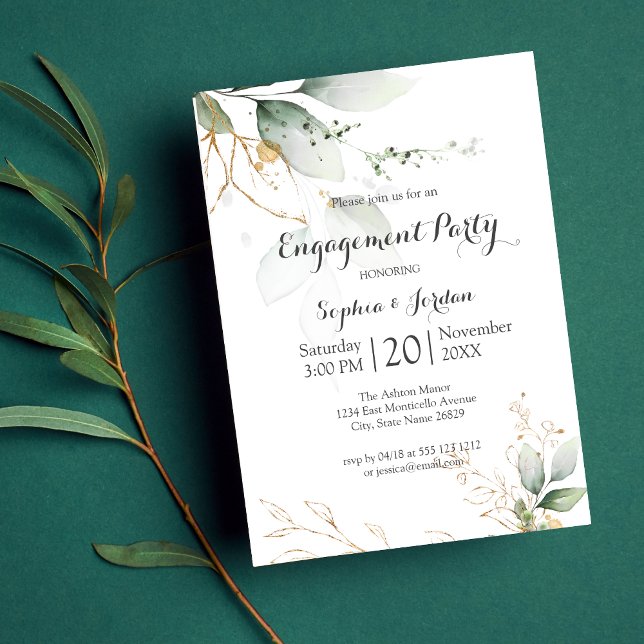 Greenery Floral Gold Foil Leaves Engagement Party Invitation (Creator Uploaded)