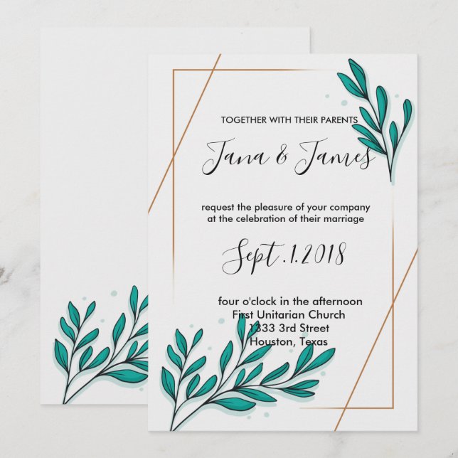 Greenery Floral Gold Foil Leaves Invitation (Front/Back)