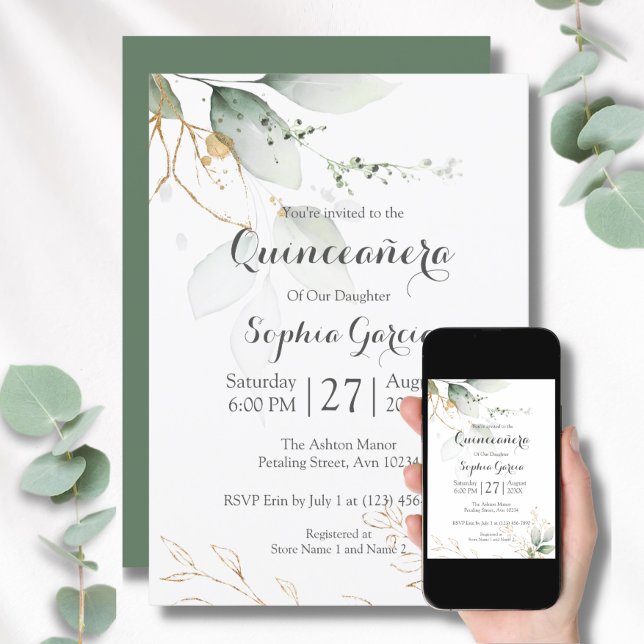 Greenery Floral Gold Foil Leaves Quinceanera 15 Invitation