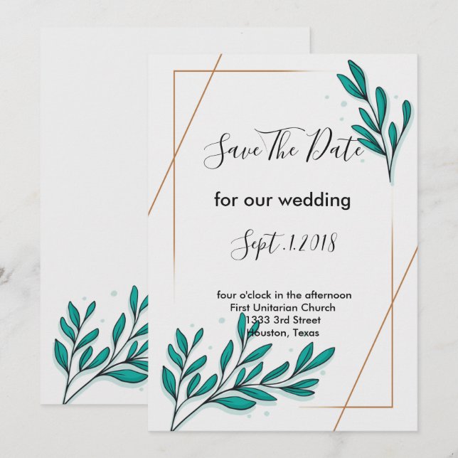 Greenery Floral Gold Foil Leaves  save the date Invitation (Front/Back)