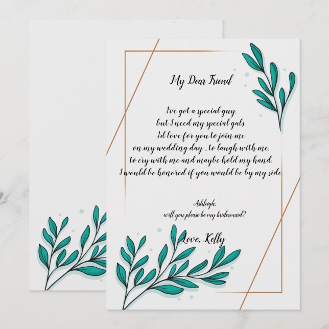 Greenery Floral Gold Foil    will be my bridesmaid Invitation (Front/Back)