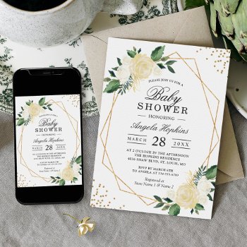 Greenery Floral Gold Geometric Baby Shower Invitation by CardHunter at Zazzle