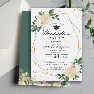 Greenery Floral Gold Geometric Graduation Party Invitation