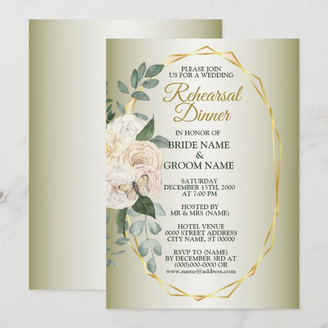 Greenery Floral Gold Geometric Rehearsal Dinner Invitation (Front/Back)