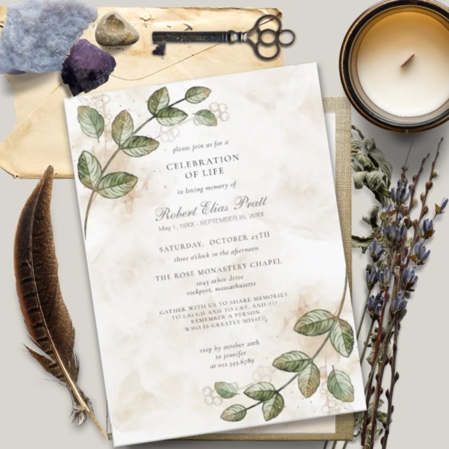 Greenery Floral Gold Nature Celebration of Life Invitation (Creator Uploaded)