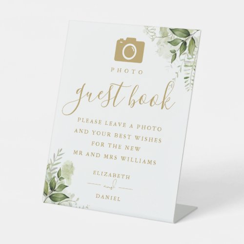 Greenery Floral Gold Photo Guest Book Wedding Pedestal Sign
