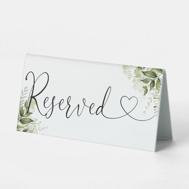 Greenery Floral Heart Script Reserved Table Tent (Front)